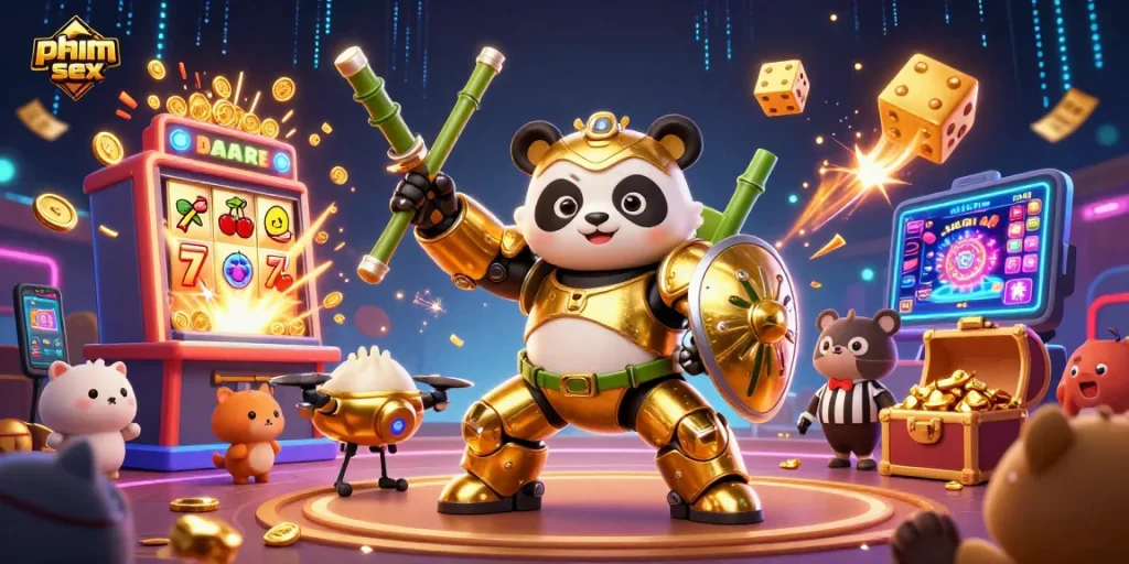 Spin the reels with the action-packed phim sex casino scene featuring golden panda characters!