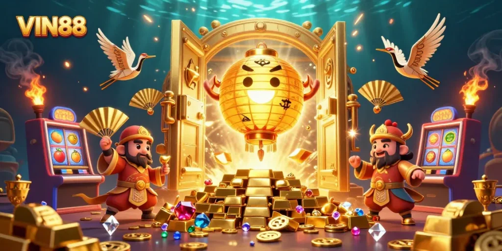 Spin the slots at VIN88 with a whimsical 3D casino scene filled with golden luck and treasures.