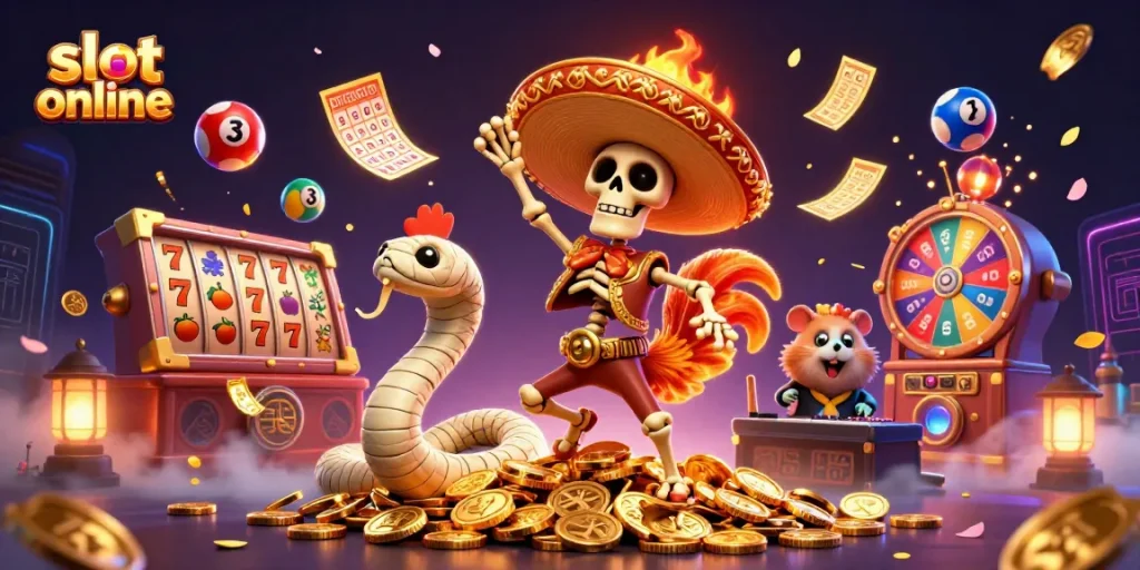 Spin and win at slot online with a vibrant scene featuring fun characters and exciting game elements.