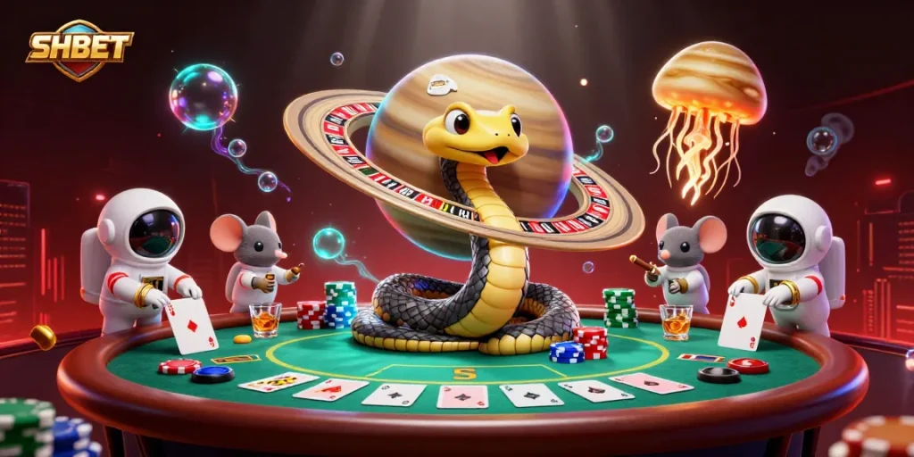 Experience thrilling bets at SHBET with astronaut mice wagering on a roulette-like Saturn ring, depicting cosmic casino excitement.
