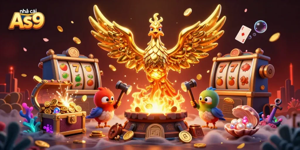 Experience the vibrant action of nhà cái As9 with a molten gold phoenix and dynamic casino symbols.