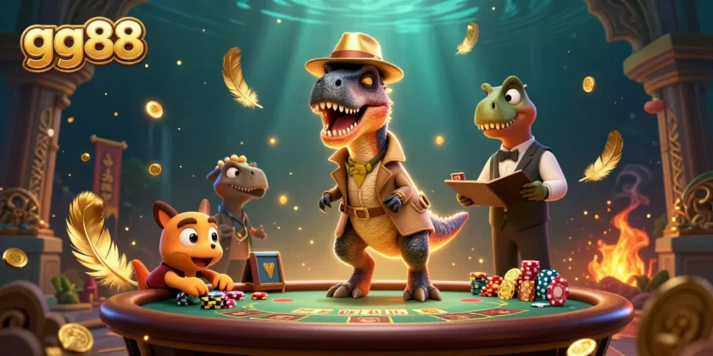 gg88 casino illustration depicting a velociraptor card counter at a blackjack table with intriguing characters.