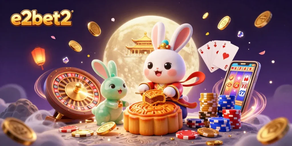 Discover winning strategies at e2bet2 with a vibrant moonlit casino scene, featuring festive symbols and characters.