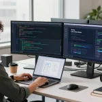 Build internal tools with AI in a modern office workspace featuring a developer coding and interacting with AI tools.