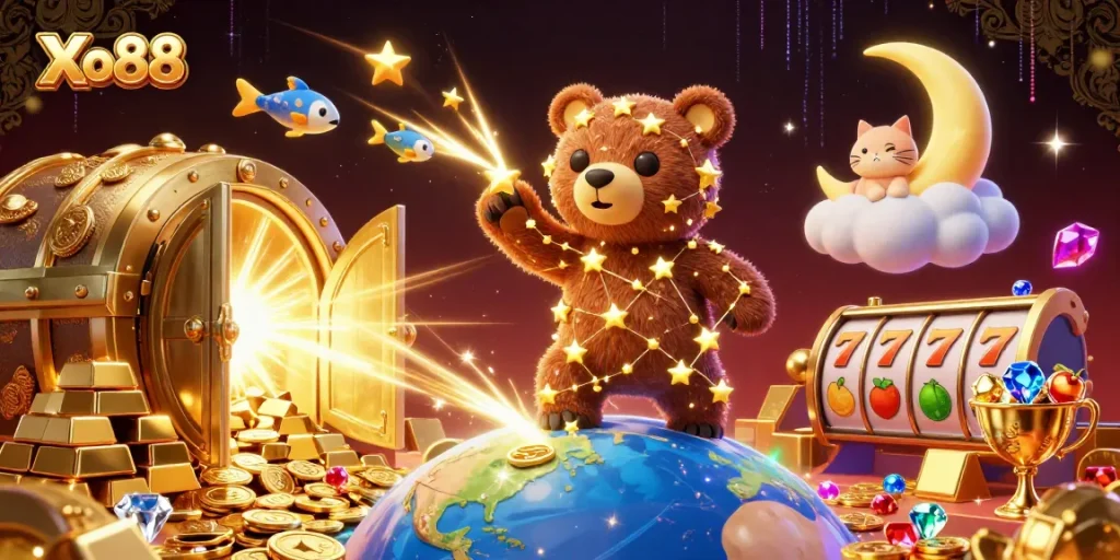 Xo88 invites players to explore vibrant 3D casino adventures filled with golden coins and enchanting characters.